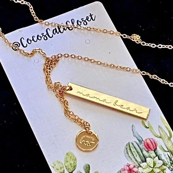 Mama Bear Dainty Two Charm Stamped Gold Charm Necklace NWT - Picture 3 of 10